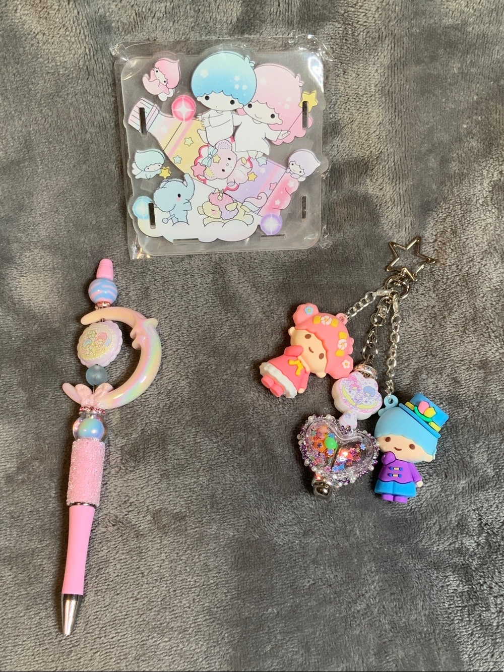 Sanrio Little Twin Stars Pink & Blue Charm Pen and Keychain Set